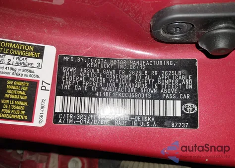 2012 Toyota Camry Se z USA, uszkodzony, nr VIN 4T1BF1FK0CU590313